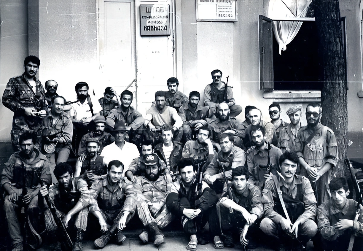 The volunteers in front of the headquarters of the Confederation of the Peoples of the Caucasus, Gudauta, 1992-1993